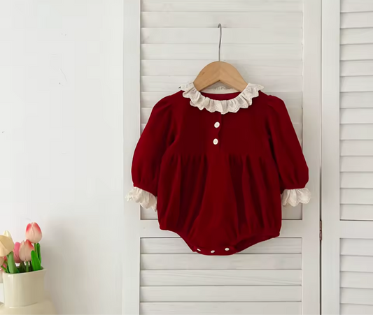 Lace Trim Velour Christmas Romper