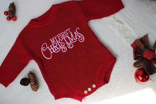 My First Christmas Knitted Romper - Red IN STOCK