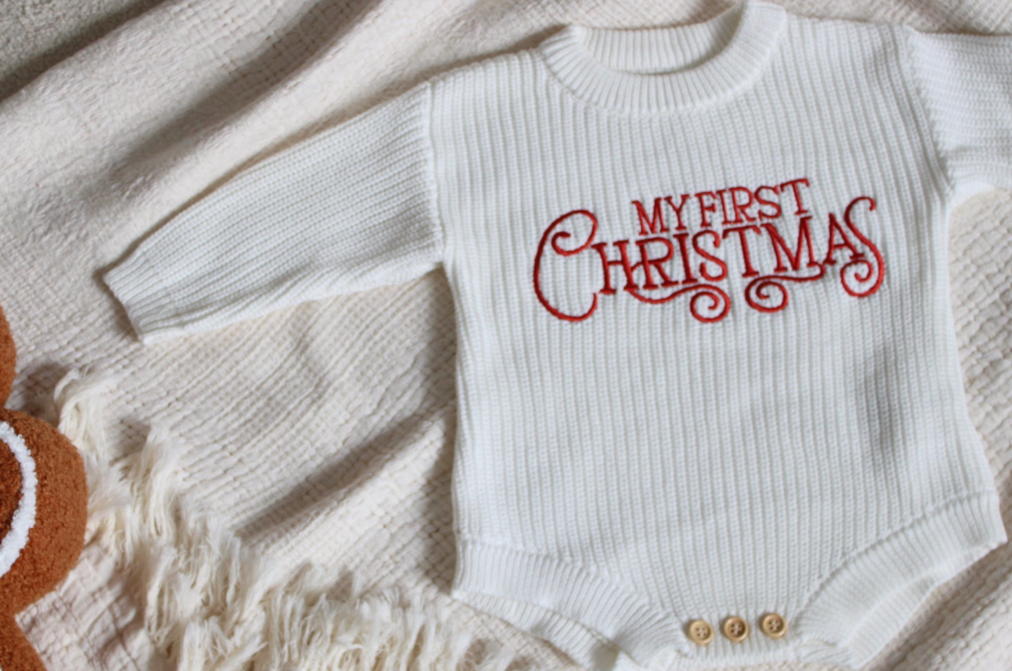 My First Christmas Knitted Romper in Red & White